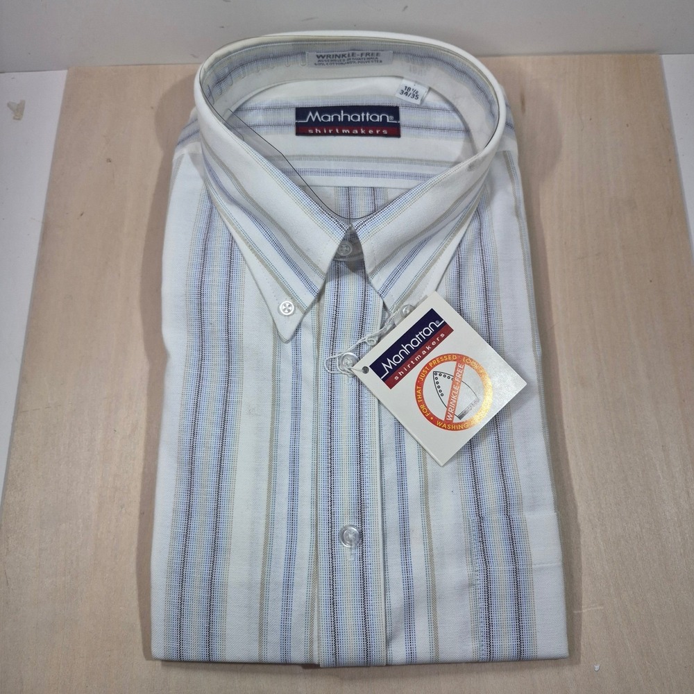 Manhattan Shirtmakers Wrinkle Free Dress Shirt‎ Men's 18.5 34/35 Blue Tan Stripe